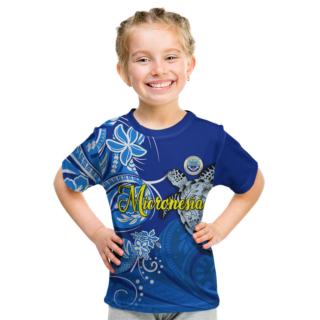 Micronesia Sea Turtle Kid T Shirt Federated States Of Micronesia Tribal Floral Pattern TS04 Blue White - Polynesian Pride