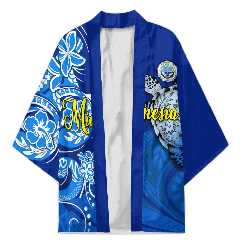 Micronesia Sea Turtle Kimono Federated States Of Micronesia Tribal Floral Pattern TS04 Unisex Blue White - Polynesian Pride