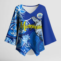 Micronesia Sea Turtle Kimono Sleeve Blouse Federated States Of Micronesia Tribal Floral Pattern TS04 Female Blue White - Polynesian Pride