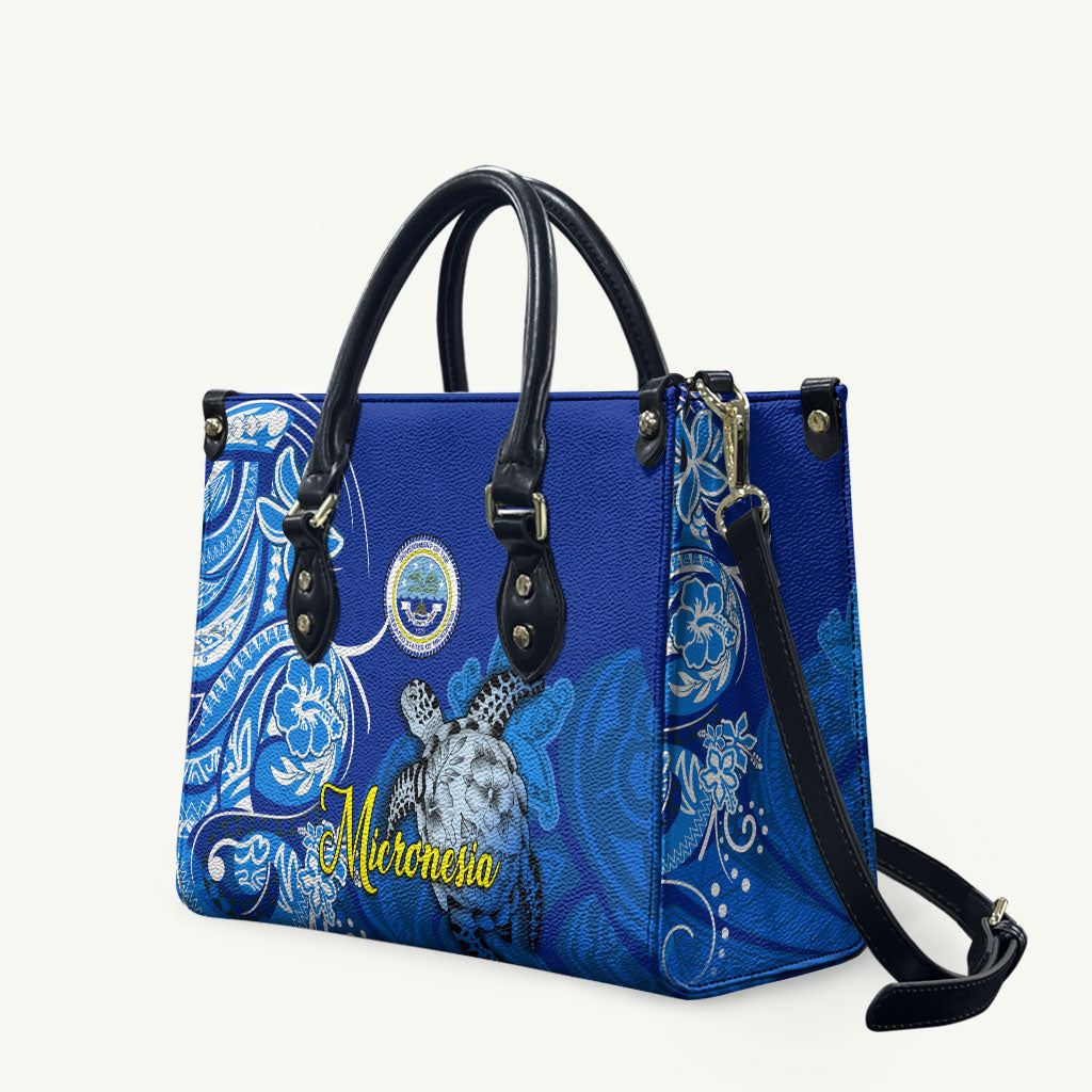 Micronesia Sea Turtle Leather Bag Federated States Of Micronesia Tribal Floral Pattern TS04 Blue White - Polynesian Pride
