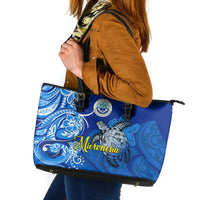 Micronesia Sea Turtle Leather Tote Bag Federated States Of Micronesia Tribal Floral Pattern TS04 Blue White - Polynesian Pride