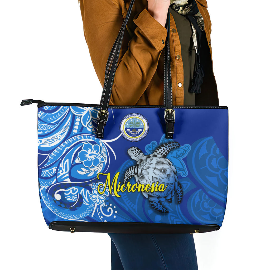 Micronesia Sea Turtle Leather Tote Bag Federated States Of Micronesia Tribal Floral Pattern TS04 - Polynesian Pride