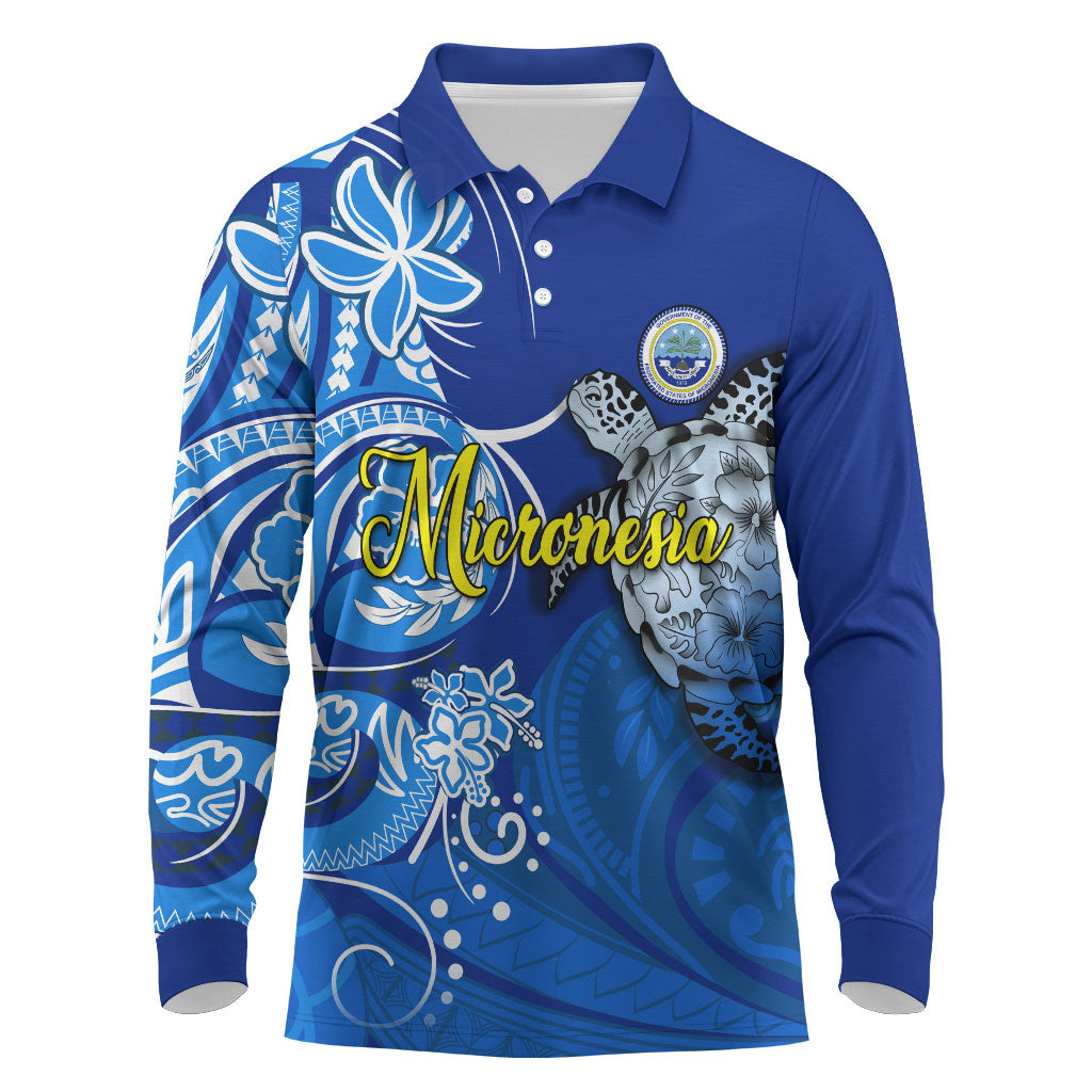 Micronesia Sea Turtle Long Sleeve Polo Shirt Federated States Of Micronesia Tribal Floral Pattern TS04 Blue White - Polynesian Pride