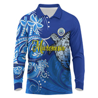 Micronesia Sea Turtle Long Sleeve Polo Shirt Federated States Of Micronesia Tribal Floral Pattern TS04 Blue White - Polynesian Pride