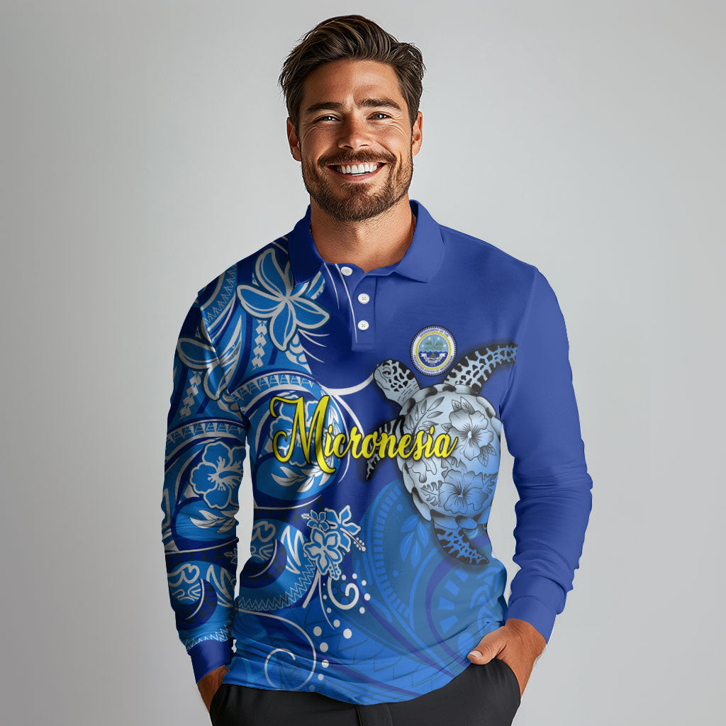 Micronesia Sea Turtle Long Sleeve Polo Shirt Federated States Of Micronesia Tribal Floral Pattern TS04 - Polynesian Pride