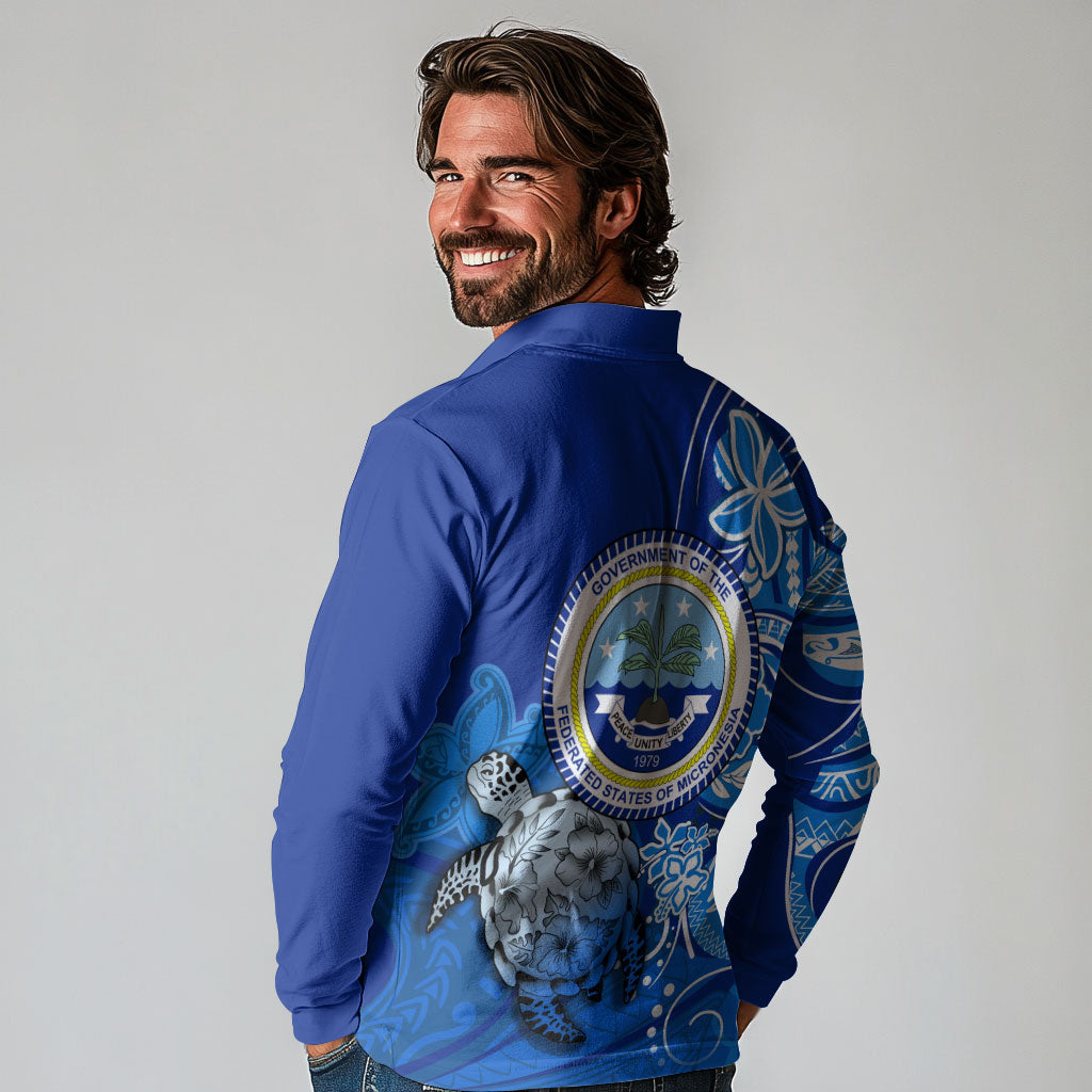 Micronesia Sea Turtle Long Sleeve Polo Shirt Federated States Of Micronesia Tribal Floral Pattern TS04 - Polynesian Pride
