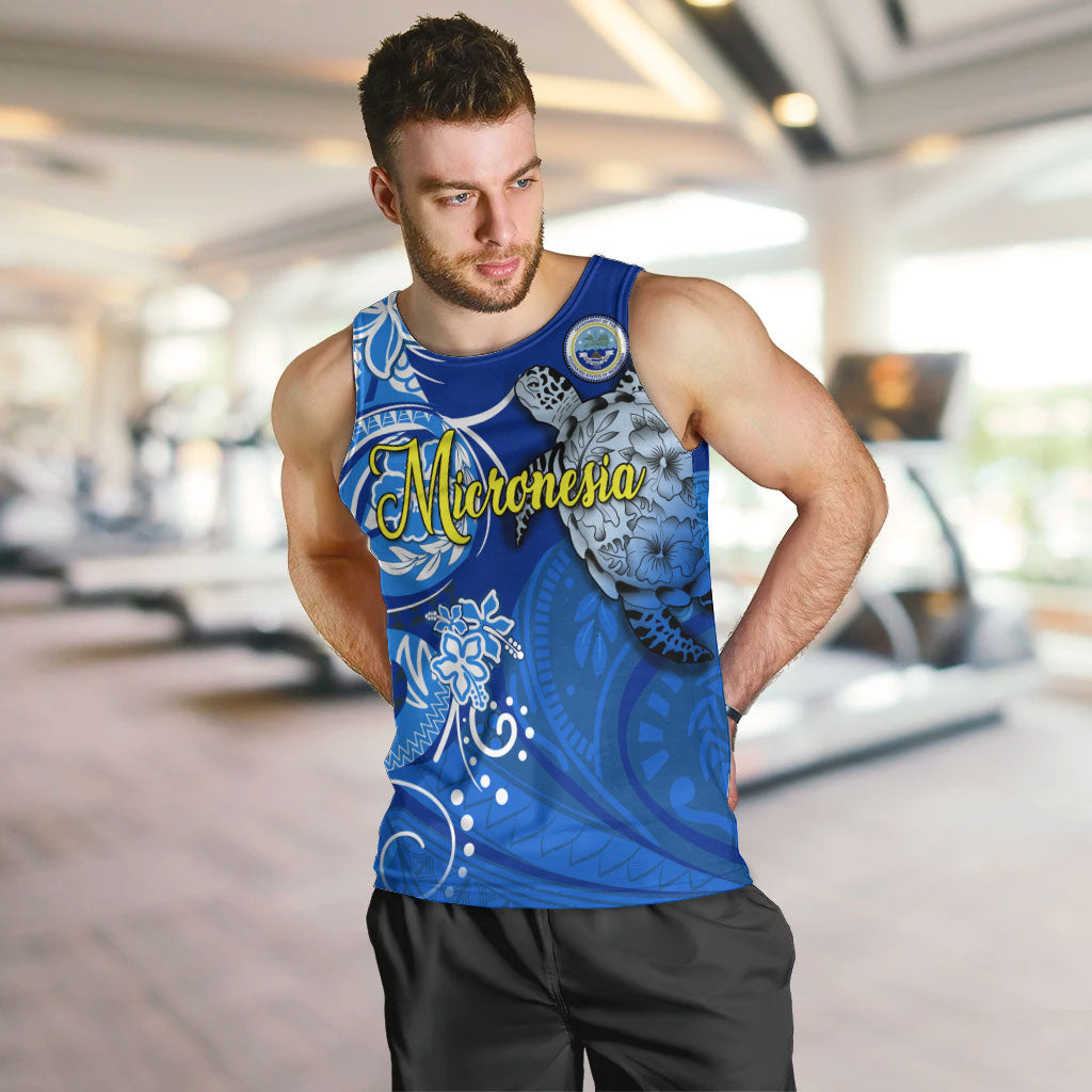 Micronesia Sea Turtle Men Tank Top Federated States Of Micronesia Tribal Floral Pattern TS04 Blue White - Polynesian Pride