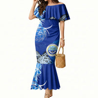 Micronesia Sea Turtle Mermaid Dress Federated States Of Micronesia Tribal Floral Pattern TS04 Women Blue White - Polynesian Pride