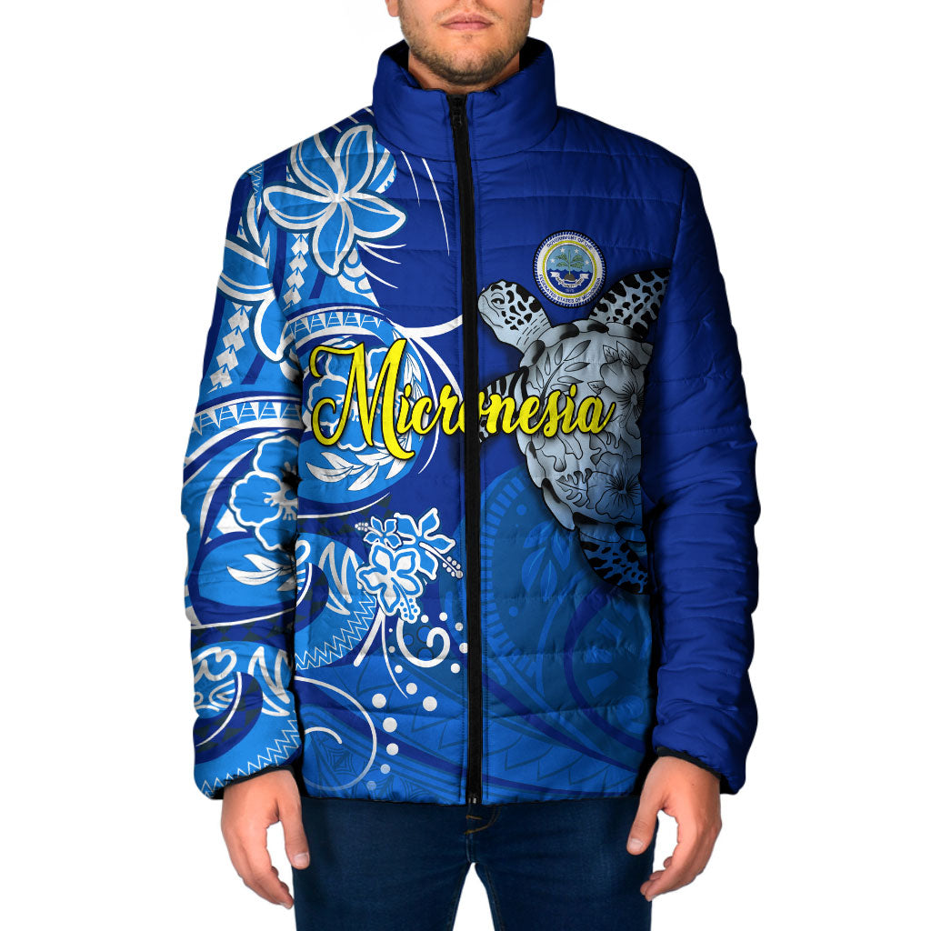 Micronesia Sea Turtle Padded Jacket Federated States Of Micronesia Tribal Floral Pattern TS04 Men Blue White - Polynesian Pride