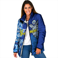 Micronesia Sea Turtle Padded Jacket Federated States Of Micronesia Tribal Floral Pattern TS04 Women Blue White - Polynesian Pride