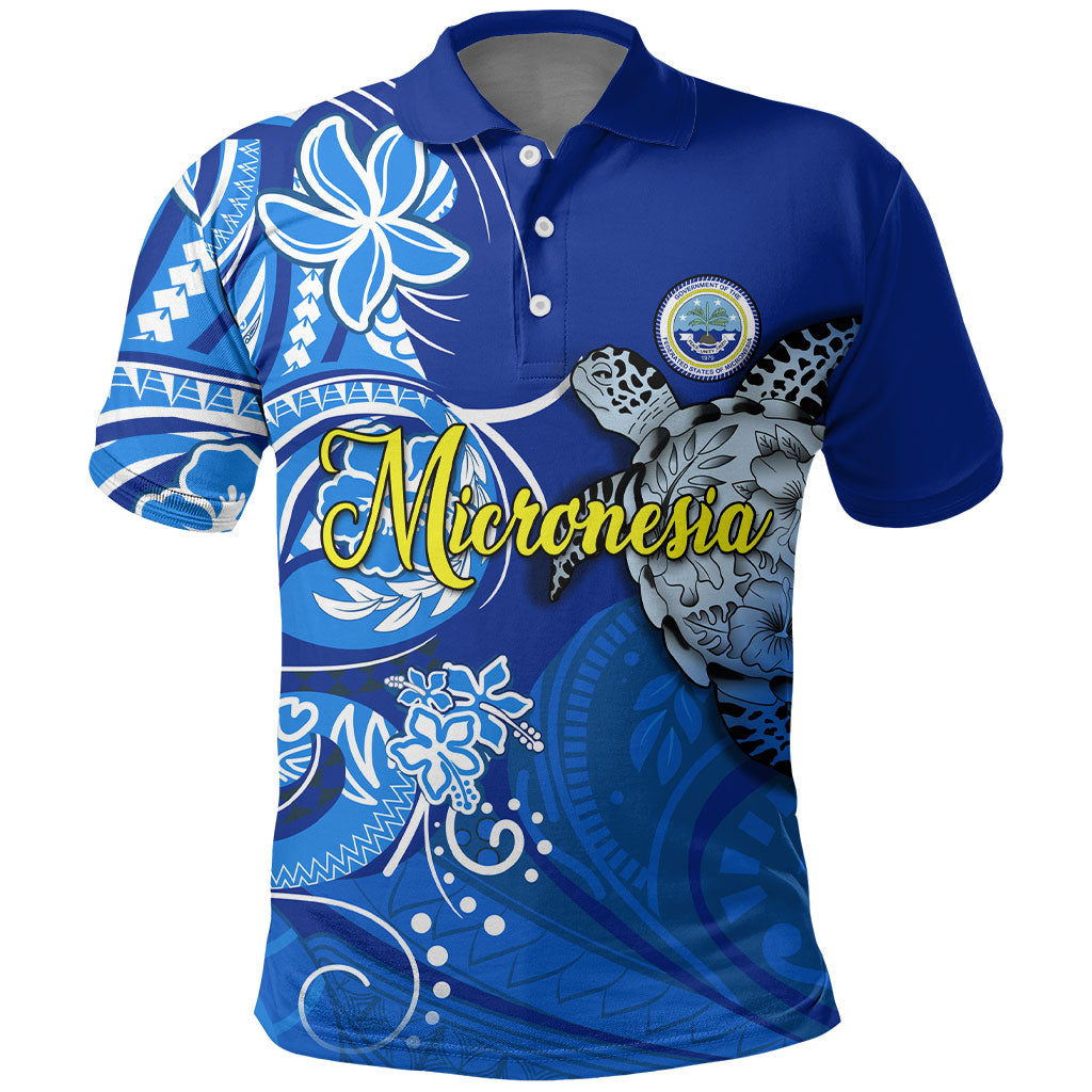 Micronesia Sea Turtle Polo Shirt Federated States Of Micronesia Tribal Floral Pattern TS04 Blue White - Polynesian Pride
