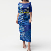 Micronesia Sea Turtle Puletasi Federated States Of Micronesia Tribal Floral Pattern TS04 Long Dress Blue White - Polynesian Pride