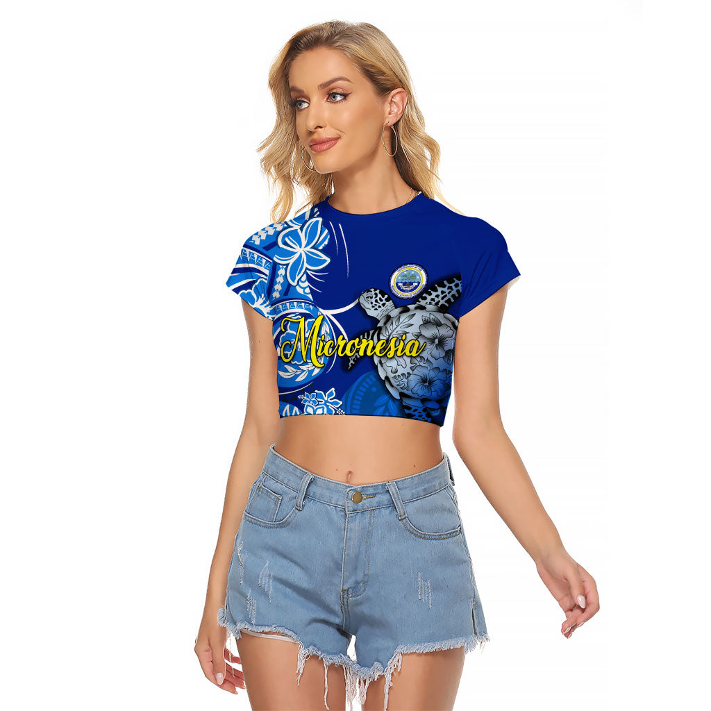 Micronesia Sea Turtle Raglan Cropped T Shirt Federated States Of Micronesia Tribal Floral Pattern TS04 Female Blue White - Polynesian Pride