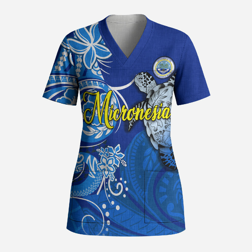 Micronesia Sea Turtle Scrub Top Federated States Of Micronesia Tribal Floral Pattern TS04 Adult Blue White - Polynesian Pride