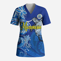 Micronesia Sea Turtle Scrub Top Federated States Of Micronesia Tribal Floral Pattern TS04 Adult Blue White - Polynesian Pride