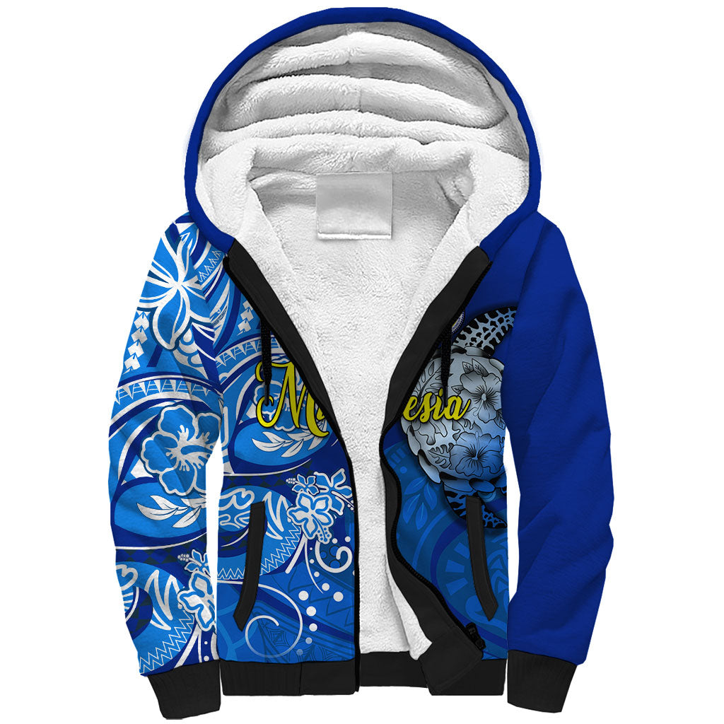 Micronesia Sea Turtle Sherpa Hoodie Federated States Of Micronesia Tribal Floral Pattern TS04 Unisex Blue White - Polynesian Pride
