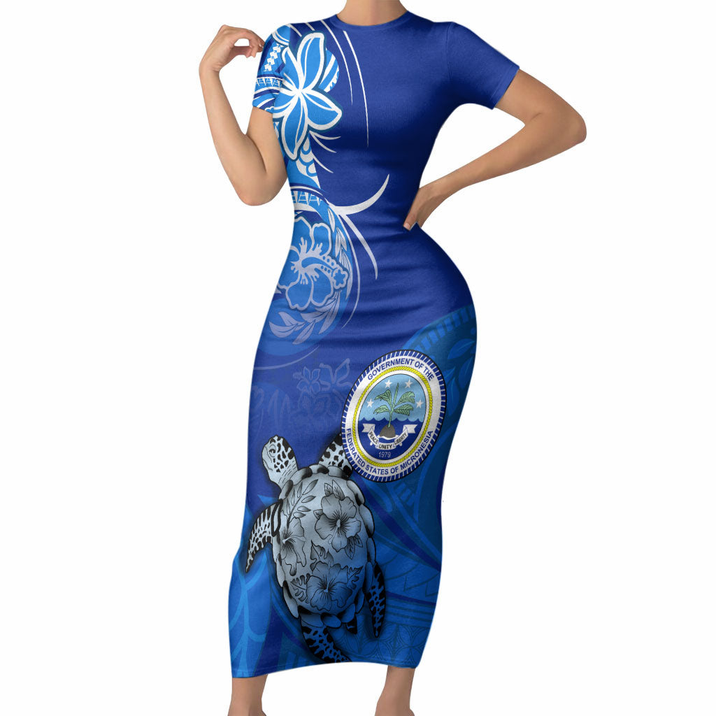 Micronesia Sea Turtle Short Sleeve Bodycon Dress Federated States Of Micronesia Tribal Floral Pattern TS04 Long Dress Blue White - Polynesian Pride