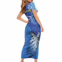 Micronesia Sea Turtle Short Sleeve Bodycon Dress Federated States Of Micronesia Tribal Floral Pattern TS04 - Polynesian Pride