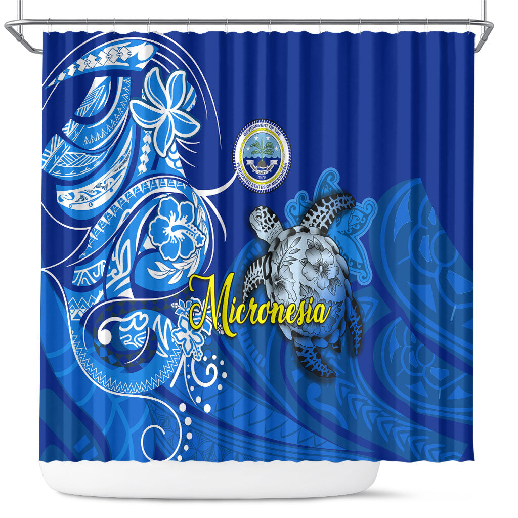 Micronesia Sea Turtle Shower Curtain Federated States Of Micronesia Tribal Floral Pattern TS04 Blue White - Polynesian Pride