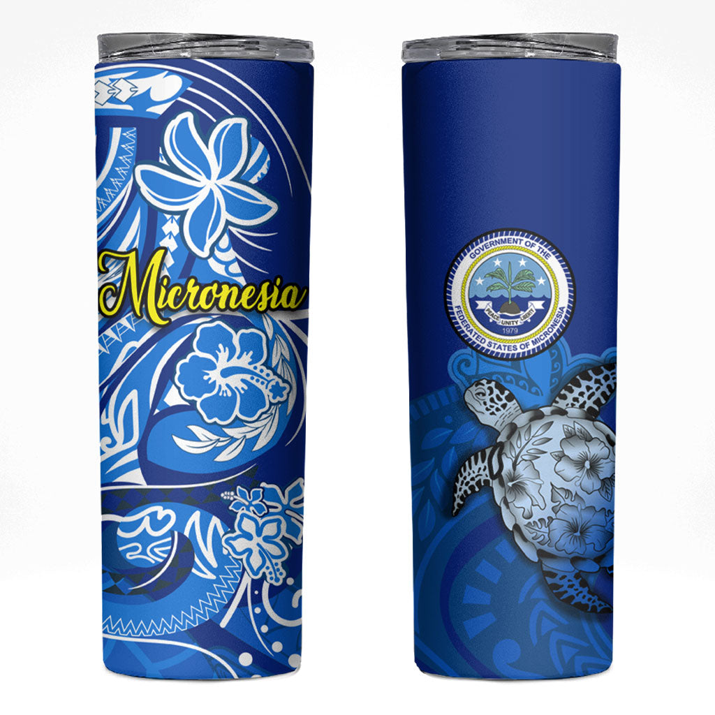 Micronesia Sea Turtle Skinny Tumbler Federated States Of Micronesia Tribal Floral Pattern TS04 Blue White - Polynesian Pride