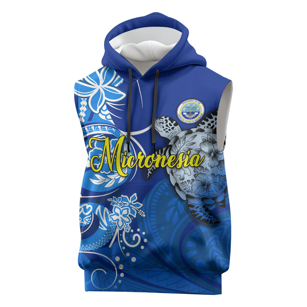 Micronesia Sea Turtle Sleeveless Hoodie Federated States Of Micronesia Tribal Floral Pattern TS04 Blue White - Polynesian Pride