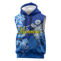 Micronesia Sea Turtle Sleeveless Hoodie Federated States Of Micronesia Tribal Floral Pattern TS04 Blue White - Polynesian Pride