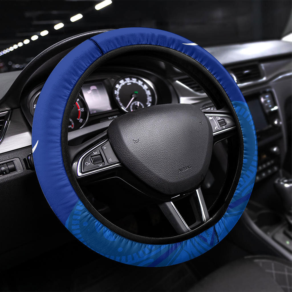 Micronesia Sea Turtle Steering Wheel Cover Federated States Of Micronesia Tribal Floral Pattern TS04 Universal Fit Blue White - Polynesian Pride