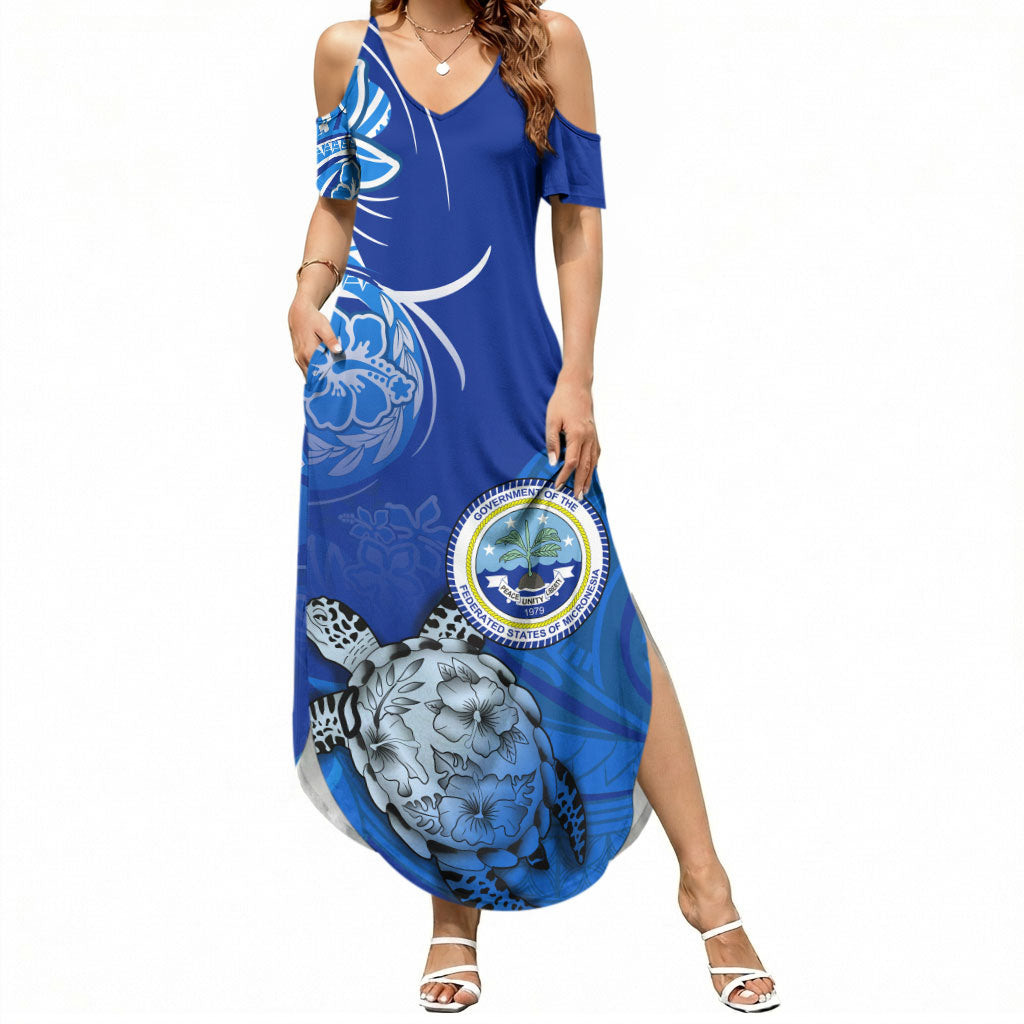 Micronesia Sea Turtle Summer Maxi Dress Federated States Of Micronesia Tribal Floral Pattern TS04 Women Blue White - Polynesian Pride