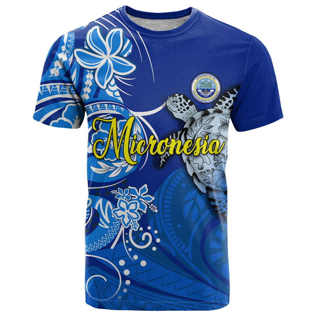 Micronesia Sea Turtle T Shirt Federated States Of Micronesia Tribal Floral Pattern TS04 Blue White - Polynesian Pride