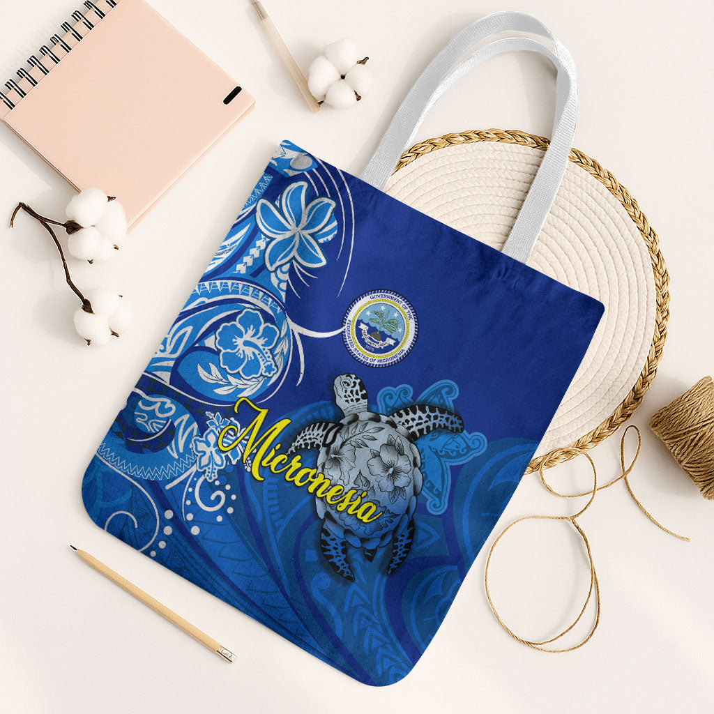Micronesia Sea Turtle Tote Bag Federated States Of Micronesia Tribal Floral Pattern TS04 White Strap One Size Blue White - Polynesian Pride