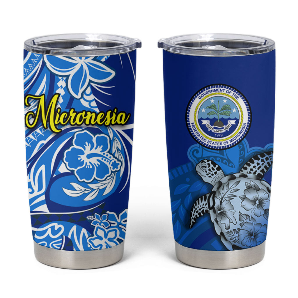 Micronesia Sea Turtle Tumbler Cup Federated States Of Micronesia Tribal Floral Pattern TS04 Blue White - Polynesian Pride