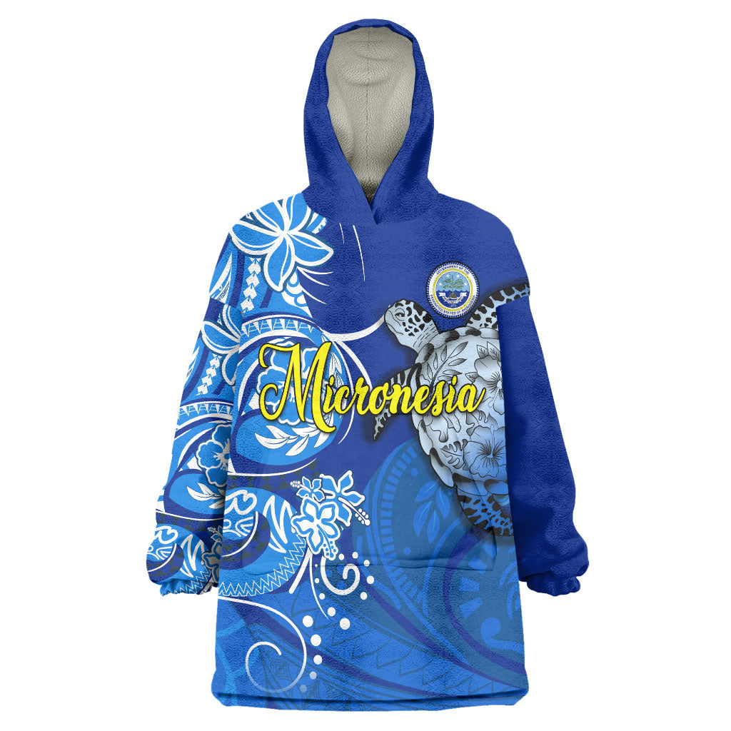 Micronesia Sea Turtle Wearable Blanket Hoodie Federated States Of Micronesia Tribal Floral Pattern TS04 One Size Blue White - Polynesian Pride