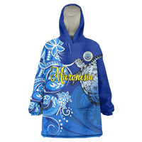 Micronesia Sea Turtle Wearable Blanket Hoodie Federated States Of Micronesia Tribal Floral Pattern TS04 One Size Blue White - Polynesian Pride