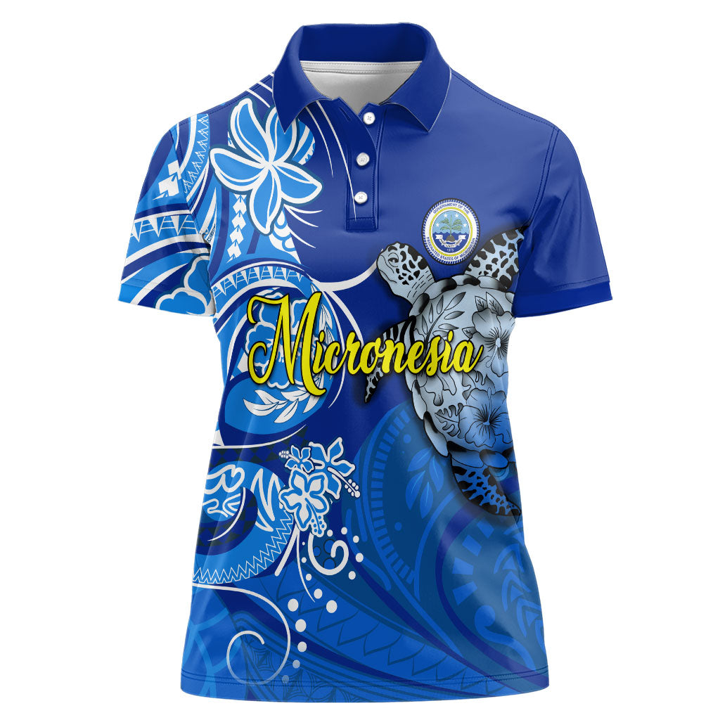 Micronesia Sea Turtle Women Polo Shirt Federated States Of Micronesia Tribal Floral Pattern TS04 Female Blue White - Polynesian Pride