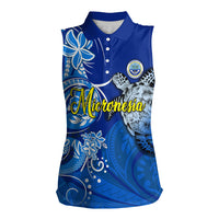 Micronesia Sea Turtle Women Sleeveless Polo Shirt Federated States Of Micronesia Tribal Floral Pattern TS04 Female Blue White - Polynesian Pride