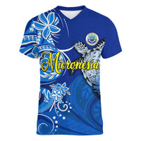 Micronesia Sea Turtle Women V-Neck T-Shirt Federated States Of Micronesia Tribal Floral Pattern TS04 Female Blue White - Polynesian Pride