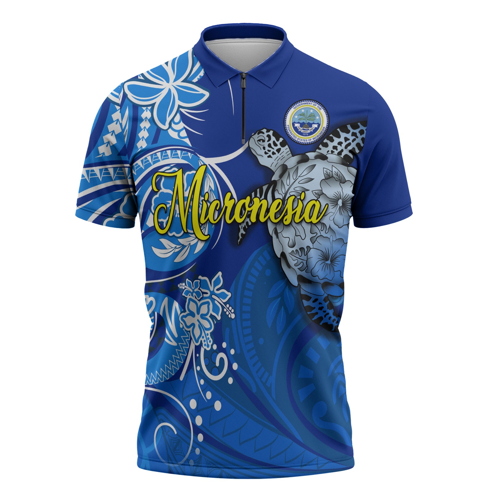 Micronesia Sea Turtle Zipper Polo Shirt Federated States Of Micronesia Tribal Floral Pattern TS04 Blue White - Polynesian Pride