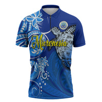 Micronesia Sea Turtle Zipper Polo Shirt Federated States Of Micronesia Tribal Floral Pattern TS04 Blue White - Polynesian Pride