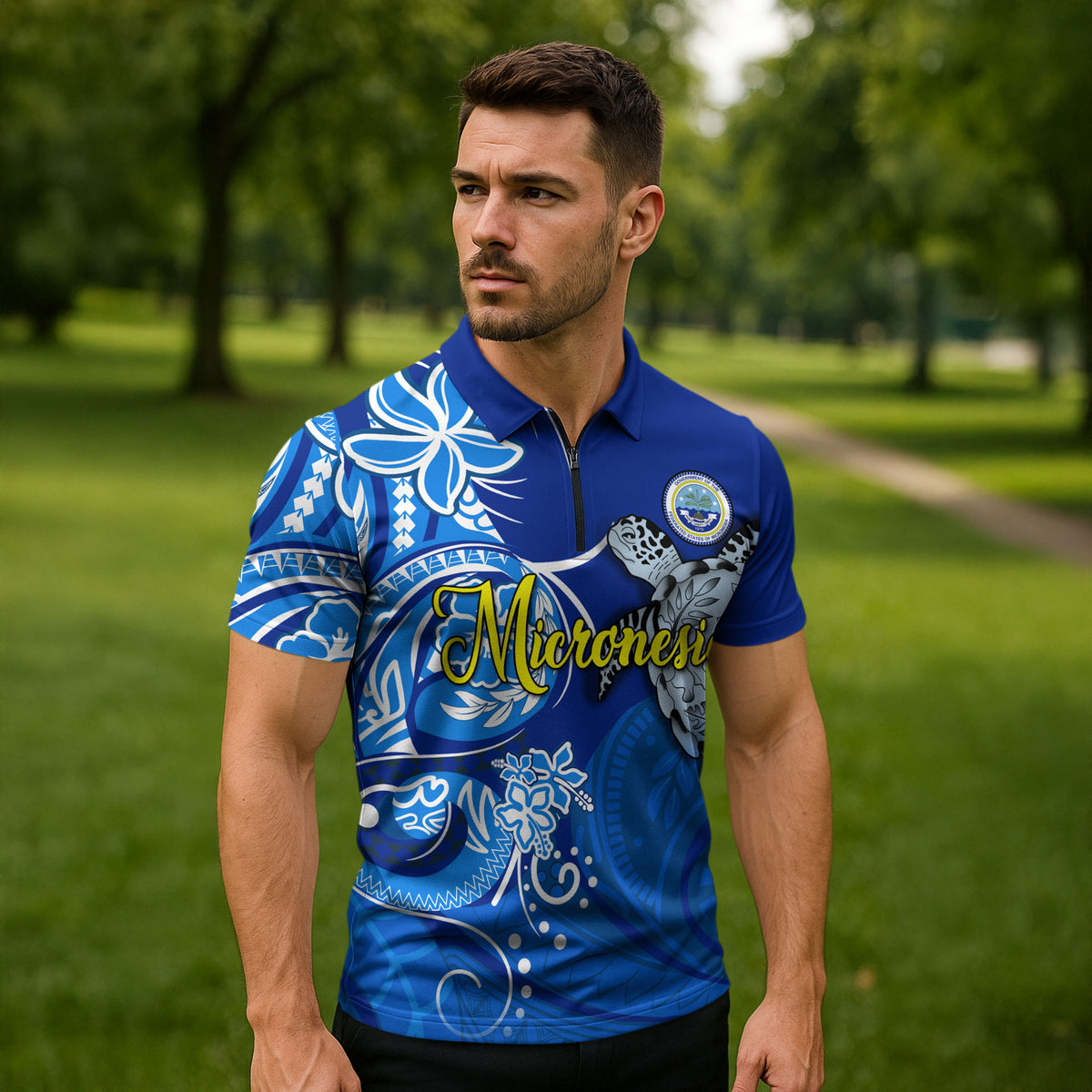 Micronesia Sea Turtle Zipper Polo Shirt Federated States Of Micronesia Tribal Floral Pattern TS04 - Polynesian Pride