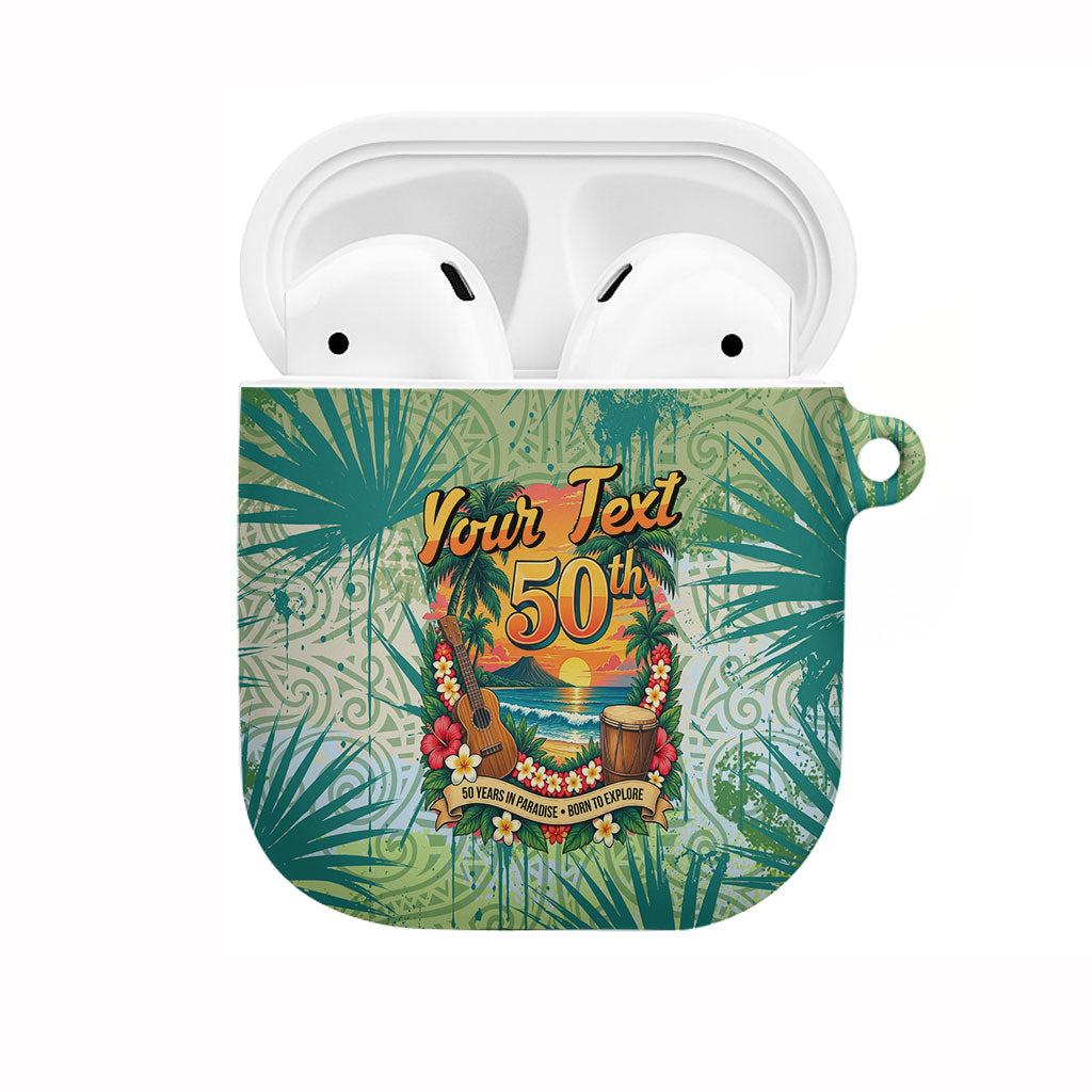 Personalized Polynesia 50th Birthday AirPods Case Vintage Hawaiian Floral Ukulele Tropical Sunset Art TS04 Green - Polynesian Pride