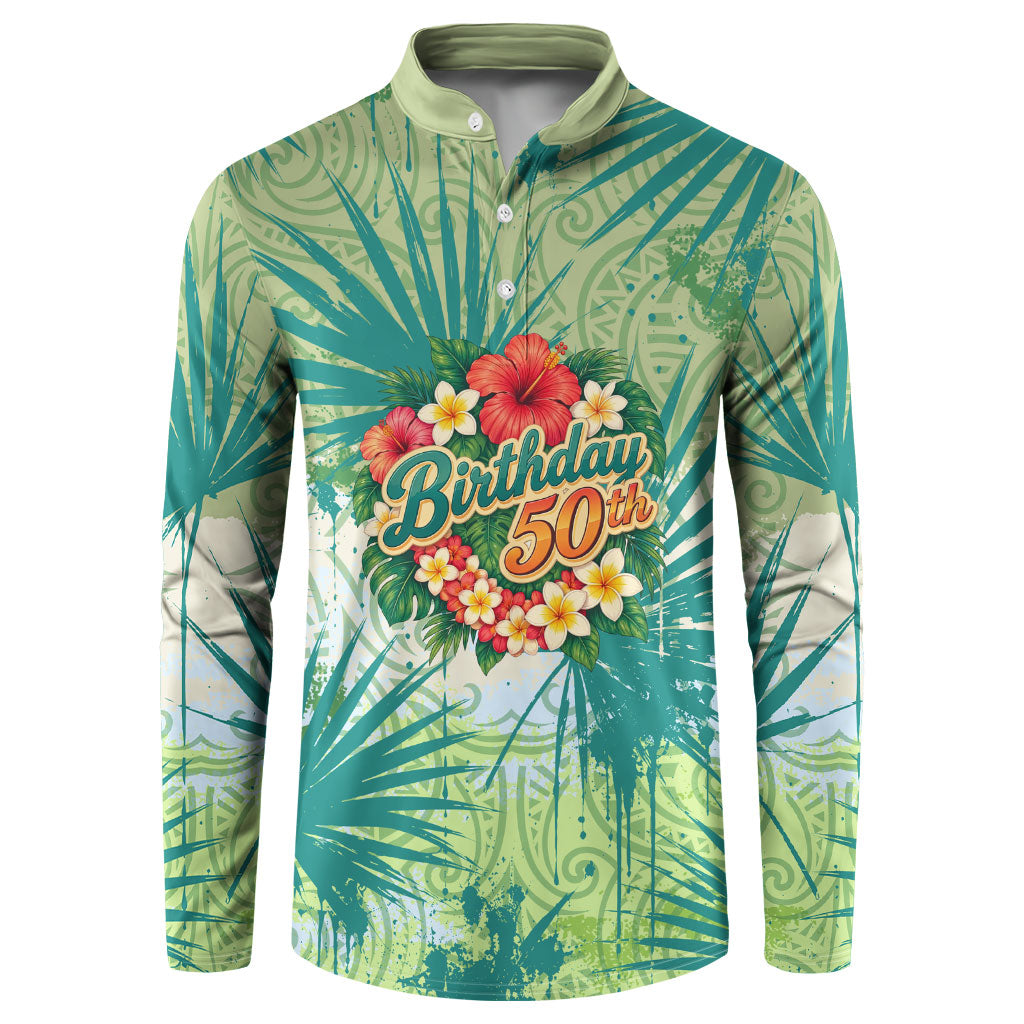 Personalized Polynesia 50th Birthday Button Sweatshirt Vintage Hawaiian Floral Ukulele Tropical Sunset Art TS04 Green - Polynesian Pride