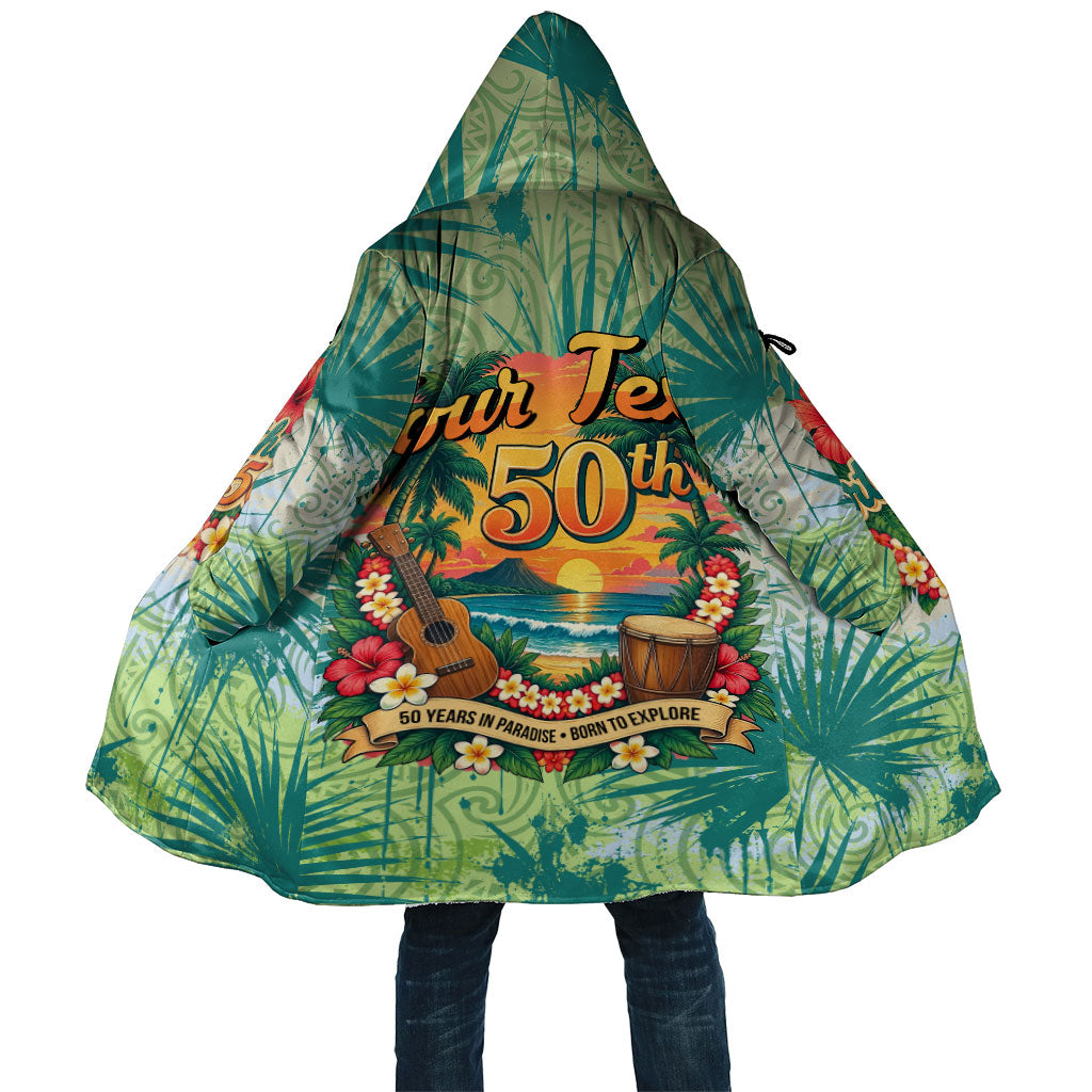 Personalized Polynesia 50th Birthday Cloak Vintage Hawaiian Floral Ukulele Tropical Sunset Art TS04 Unisex Green - Polynesian Pride
