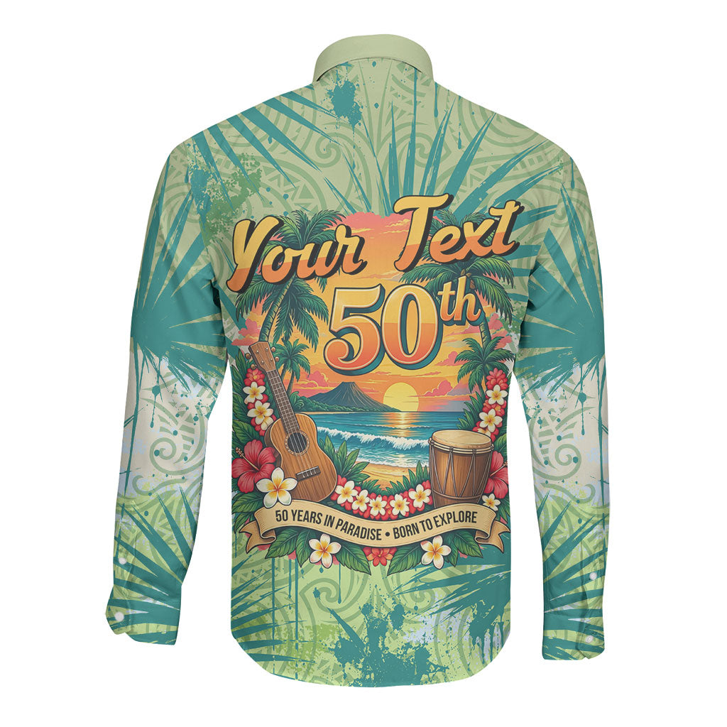 Personalized Polynesia 50th Birthday Long Sleeve Button Shirt Vintage Hawaiian Floral Ukulele Tropical Sunset Art TS04 - Polynesian Pride