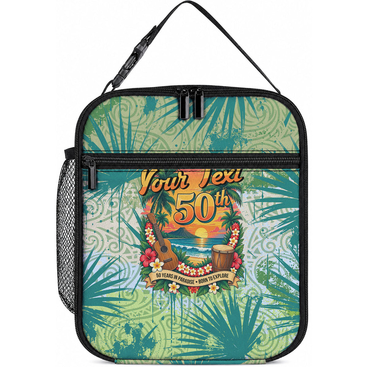 Personalized Polynesia 50th Birthday Lunch Bag Vintage Hawaiian Floral Ukulele Tropical Sunset Art TS04 10.2 × 8.3 × 4.3 inch Green - Polynesian Pride