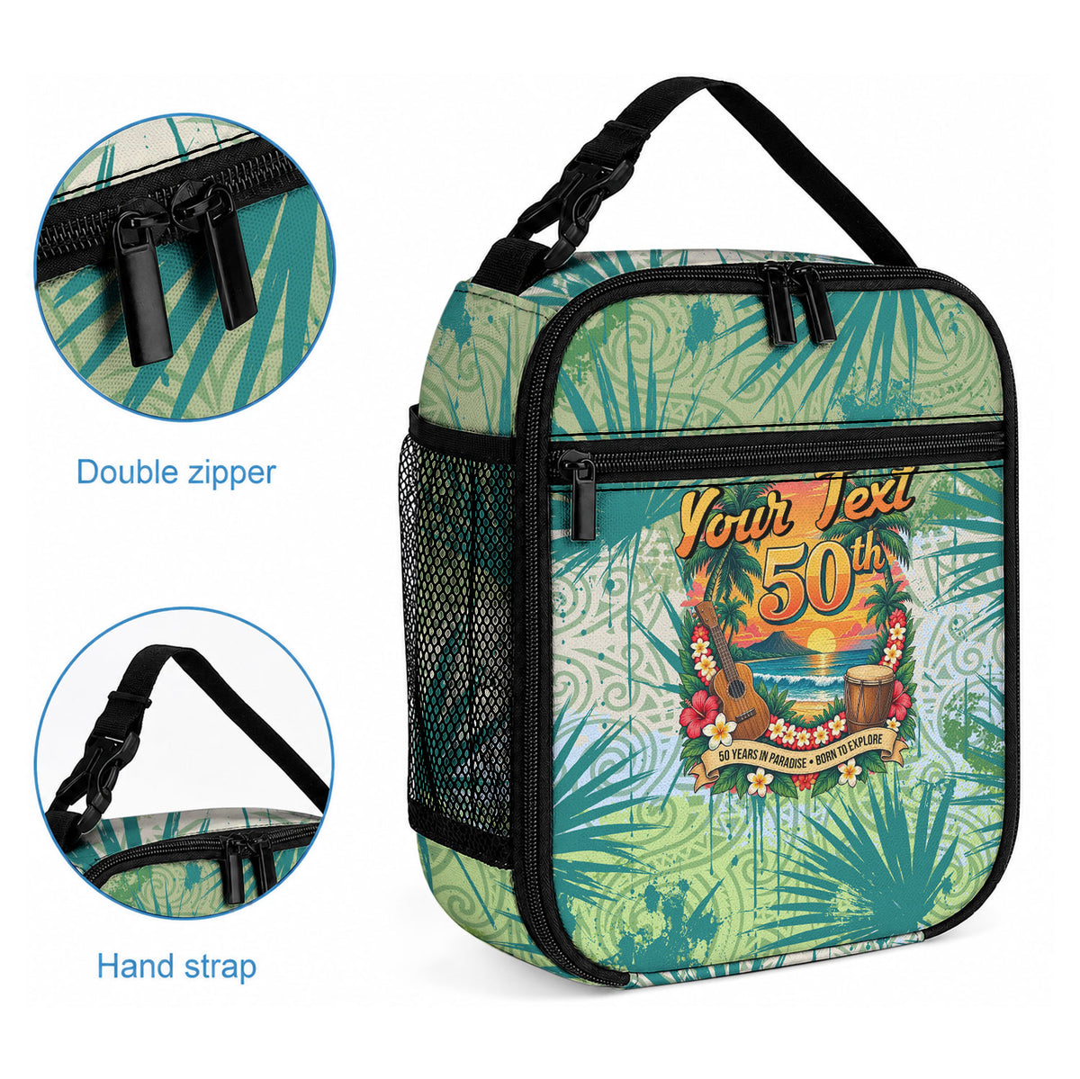 Personalized Polynesia 50th Birthday Lunch Bag Vintage Hawaiian Floral Ukulele Tropical Sunset Art TS04 - Polynesian Pride