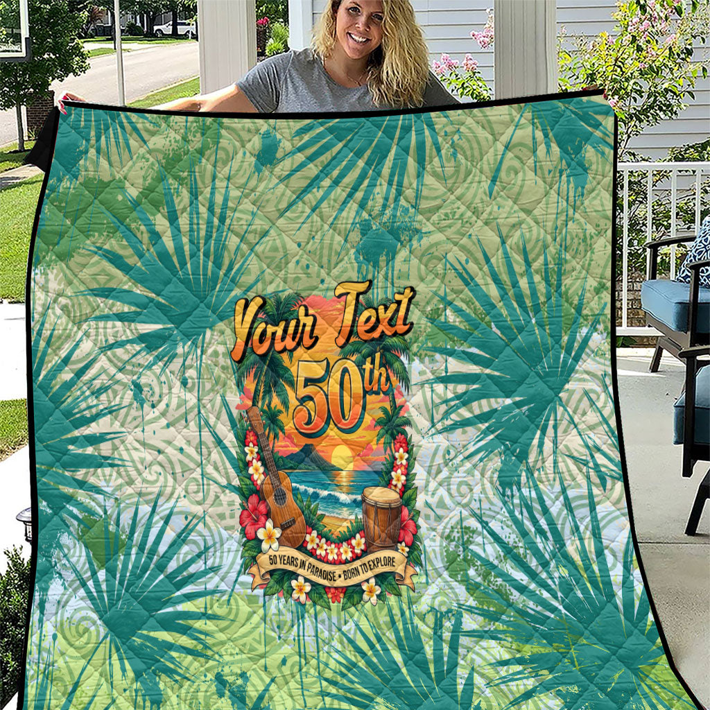 Personalized Polynesia 50th Birthday Quilt Vintage Hawaiian Floral Ukulele Tropical Sunset Art TS04 Green - Polynesian Pride