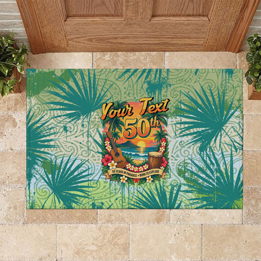 Personalized Polynesia 50th Birthday Rubber Doormat Vintage Hawaiian Floral Ukulele Tropical Sunset Art TS04 Green - Polynesian Pride