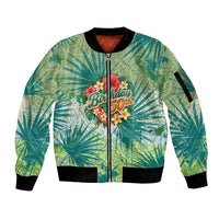 Personalized Polynesia 50th Birthday Sleeve Zip Bomber Jacket Vintage Hawaiian Floral Ukulele Tropical Sunset Art TS04 Unisex Green - Polynesian Pride