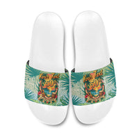 Personalized Polynesia 50th Birthday Slide Sandals Vintage Hawaiian Floral Ukulele Tropical Sunset Art TS04 Green - Polynesian Pride