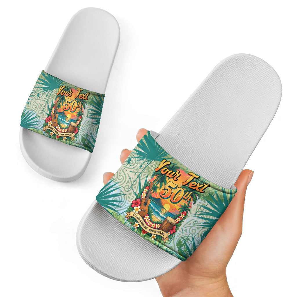 Personalized Polynesia 50th Birthday Slide Sandals Vintage Hawaiian Floral Ukulele Tropical Sunset Art TS04 - Polynesian Pride